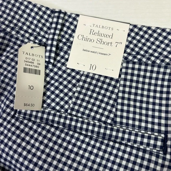 NWT Talbots Relaxed Chino Navy and White Gingham Checked Shorts 7” Size 10